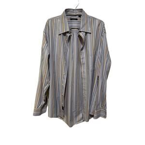 Burberry Of London Blue and Beige Tan Pin Stripe Long Sleeve Dress Cotton Large